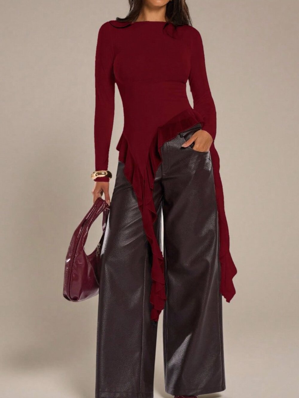 Burgundy Casual Women's Round Neck Long Sleeve Asymmetrical Hem Slim Fit Top
